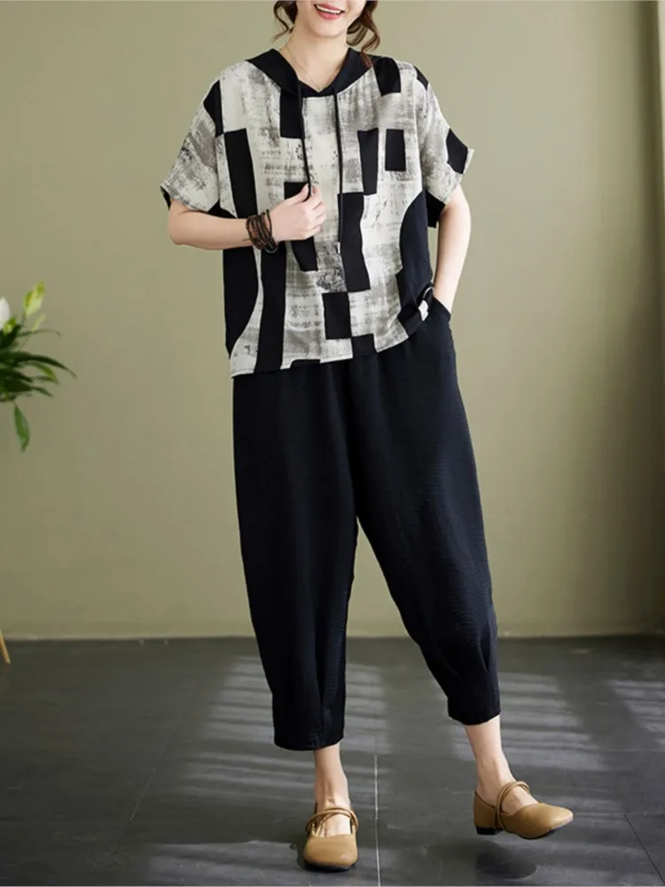 여름 투피스 세트 여성 후드 스트라이프 티셔츠 캐주얼 여성 상의 탄력있는 하이웨이스트 패션 여성 와이드 레그 팬츠