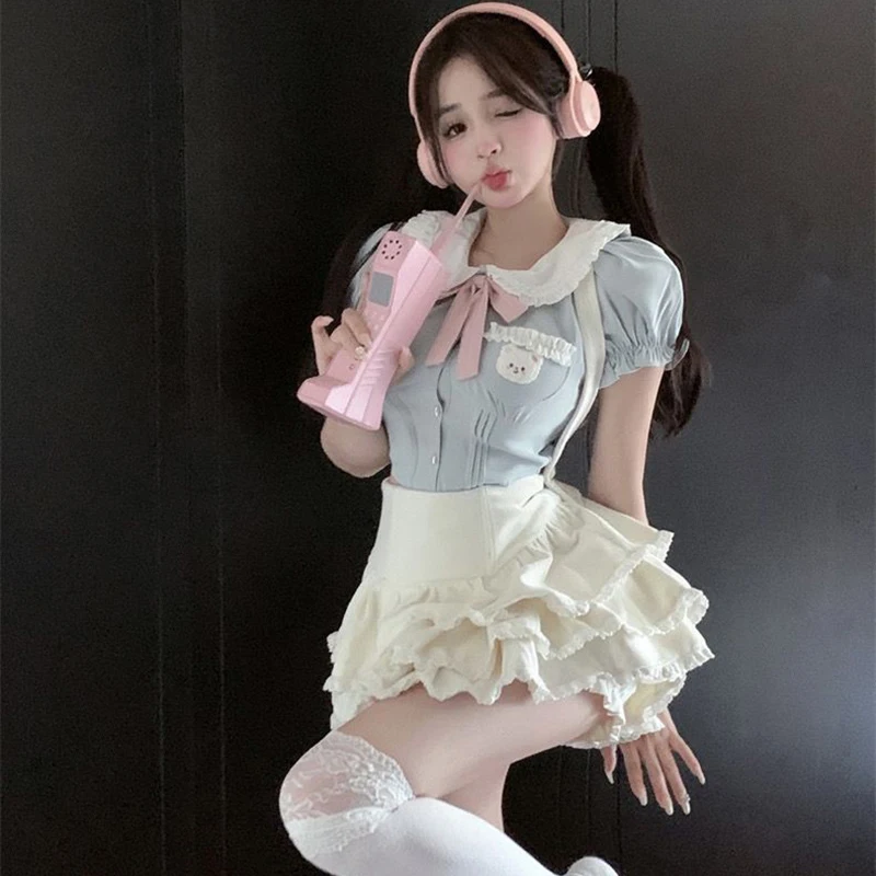 Kawaii Clothing 2 Piece Sets Tutu Skirts Y2k Crop Tops Blouse Girls+Mini Lolita Skirts Suit Fashion Outfit Summer Suit For Women