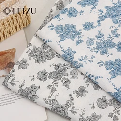 135x45cm Linen Fabric Viscose Retro Blue Black Flowers Printed DIY Women's Dress Clothing Curtains Home Textile  Sewing Fabric