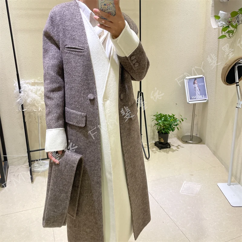 RosEvans-Manteau long double face en cachemire pour femme, faux deux pièces, veste en laine optique, col en V élégant, automne, hiver, nouveau