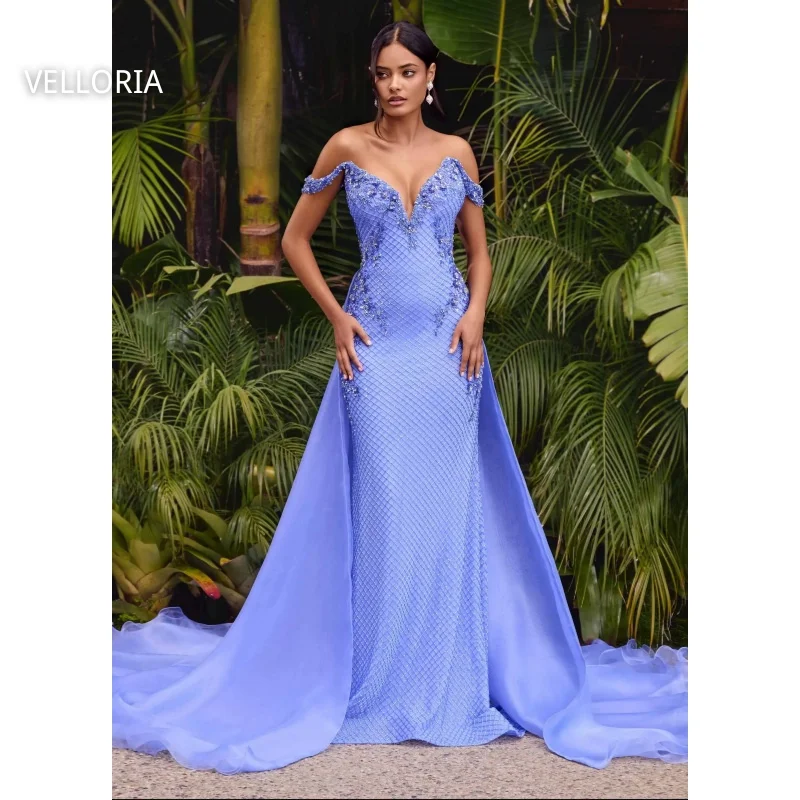 

Blue Sparkling Wedding Party Dress Luxury Beaded Embeddished Evening Dress One Shoulder V-neck Formal Occasion Gown Customized