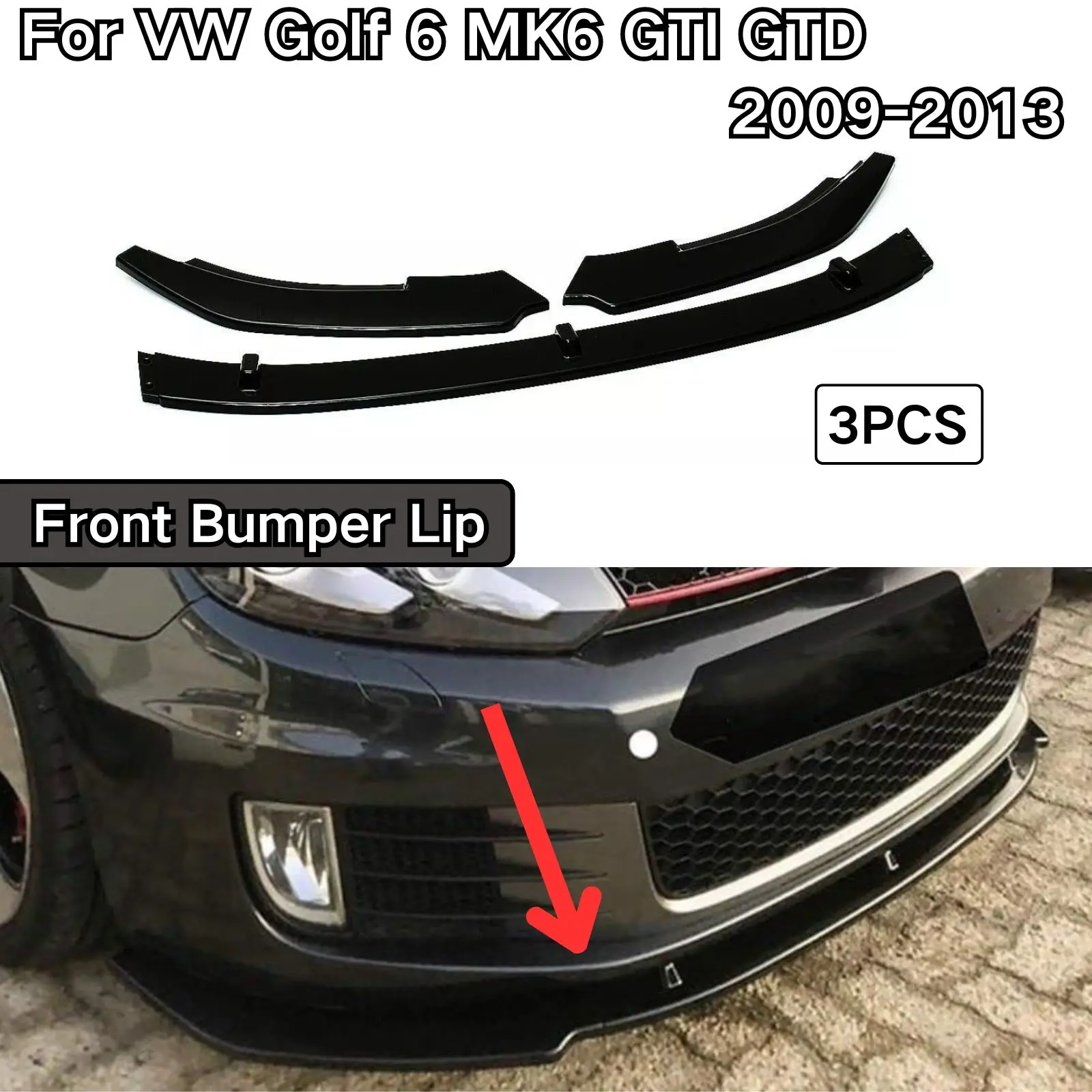 

For VW Golf 6 MK6 GTI GTD 2009-2013 Front Bumper Lip Body Kit Spoiler Splitter Car Accessories Glossy Black Carbon Fiber Look