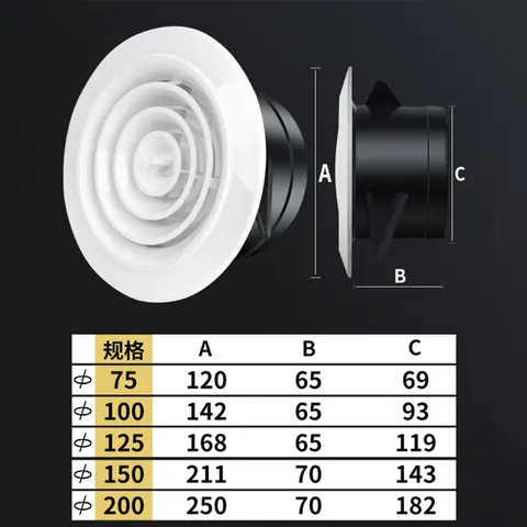 1pc 75-200mm 벽 내부 통풍구 ABS 환기 그릴 통풍구 커버 조정 가능한 ABS 공기 환기 커버 원형 루버 통풍구