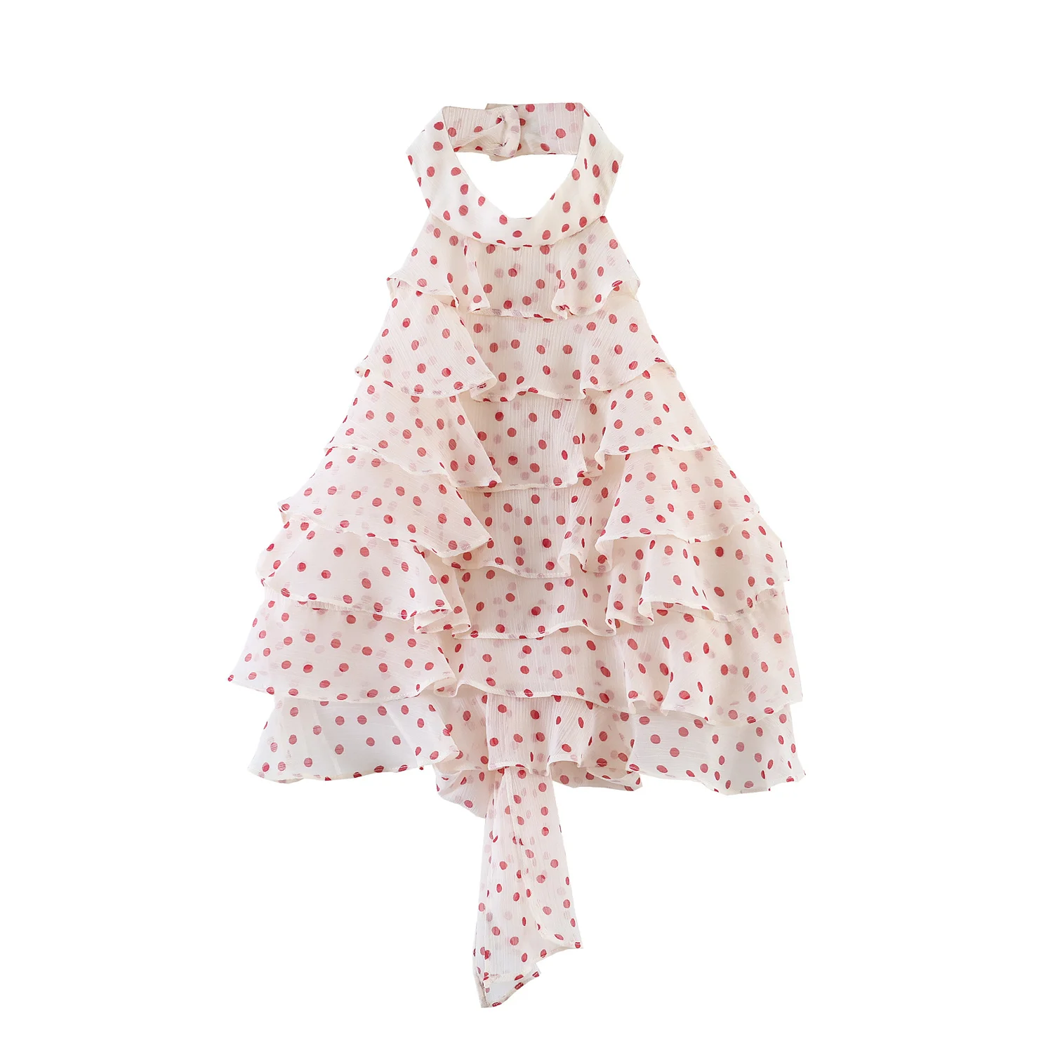 2026 Summer Women's European Elegant Polka Dots Camisole Ruffles Tank Tops Lady Vintage Hang Neck Backless Layer Halter Blouse