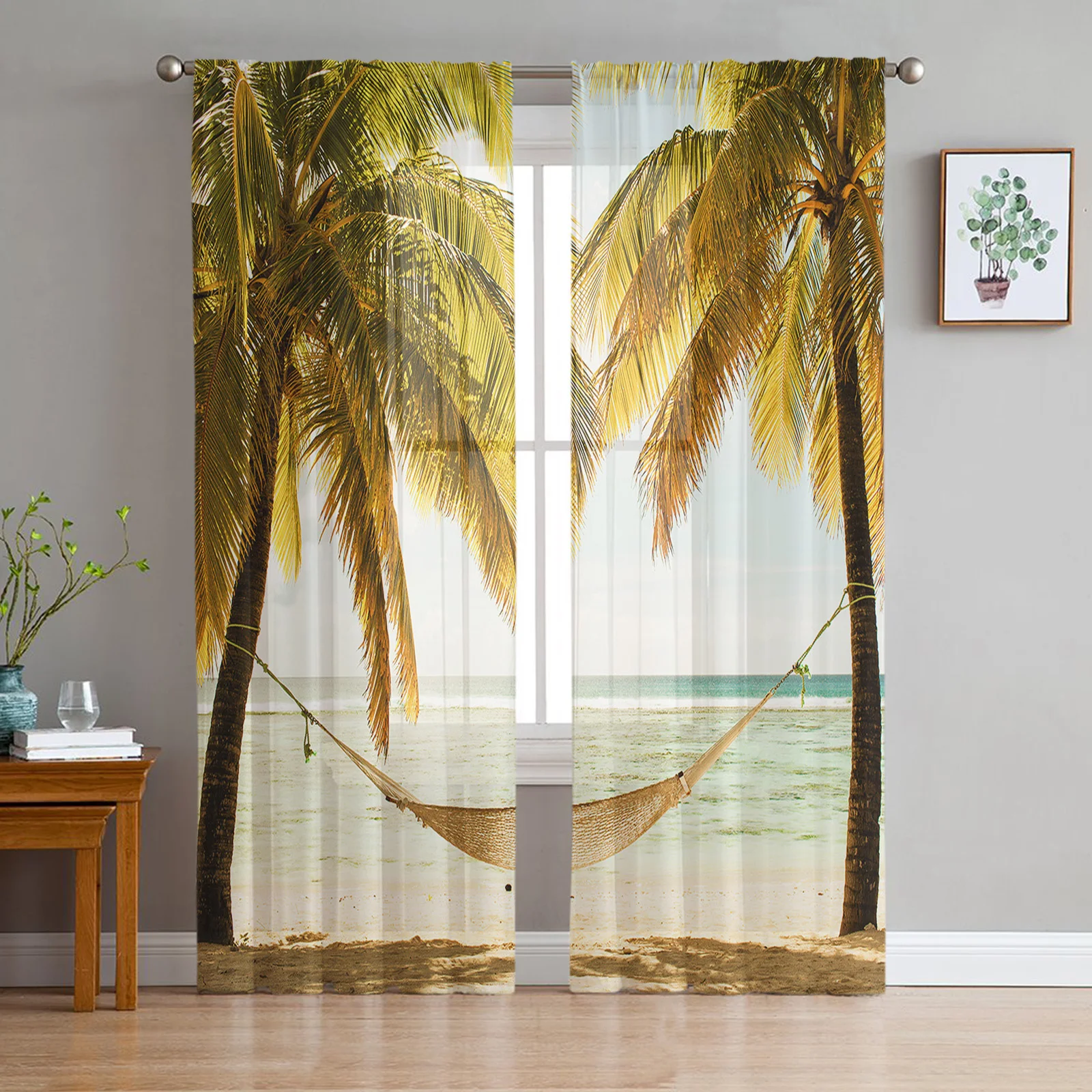 

Sunset Beach Palm Tree Sheer Curtains for Living Room Decoration Window Curtains for Kitchen Tulle Voile Organza Curtains