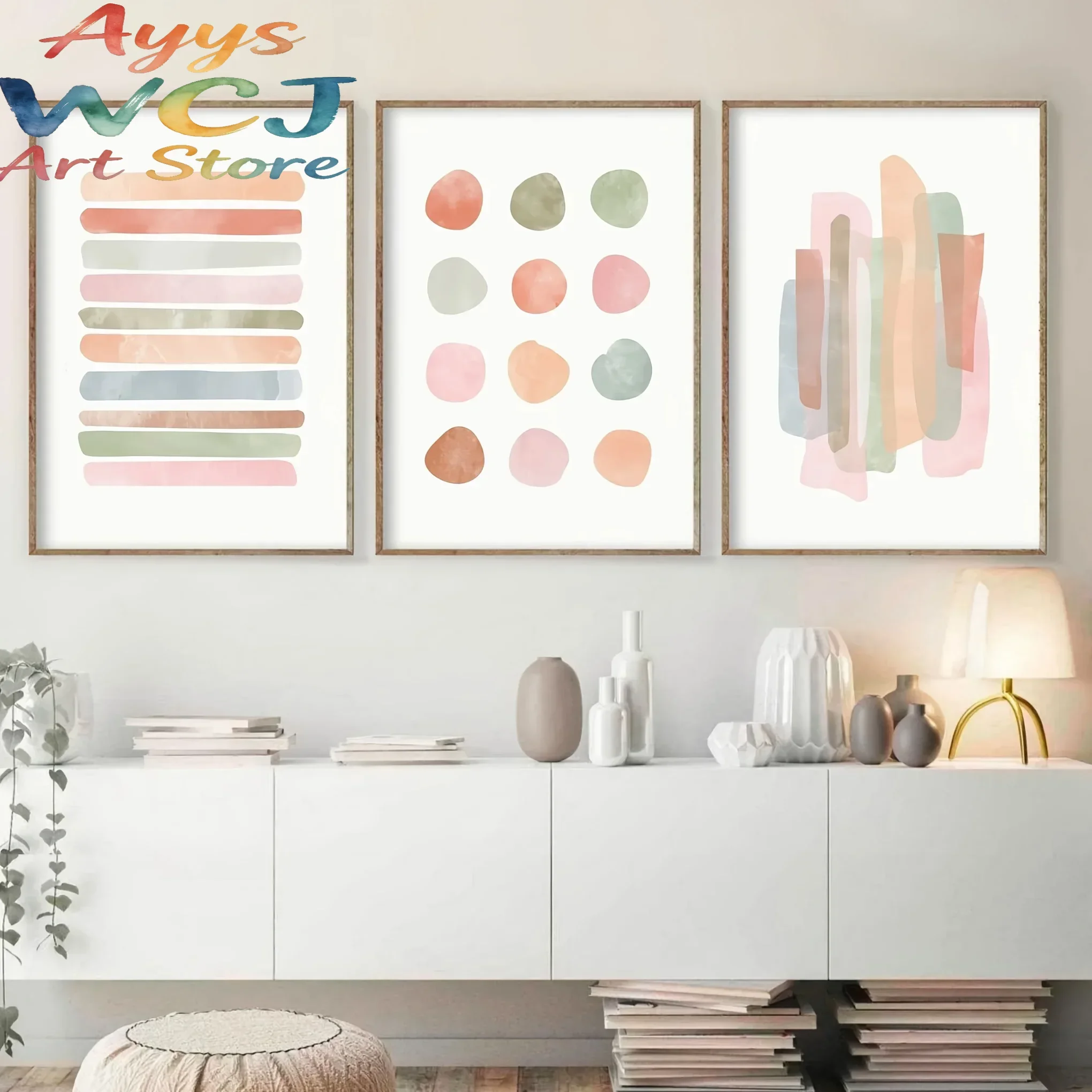 3pcs/set Beige and Polka Dot Stripes Pastel Canvas Printing Minimalist Lines Nursery Wall Art Posters for Modern Home Decor Gift
