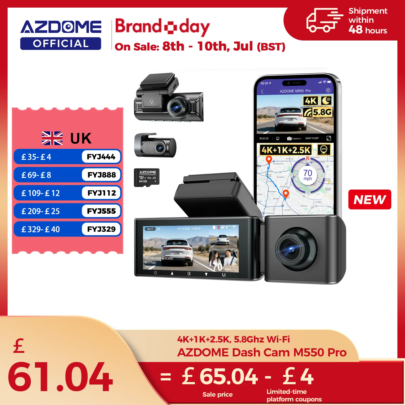 AZDOME M550 Pro Dash Cam Car DVR 5.8Ghz WiFi 3.19" IPS 2 or 3 Channel Dash Camera GPS Night Vision Dual 4K+1080P Parking Monitor