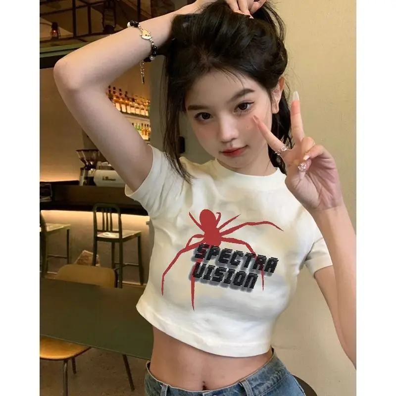 

T-shirt women's 2024 summer casual casual sexy short sleeved exposed navel y2k baby t-shirt spider print retro tank large cut se