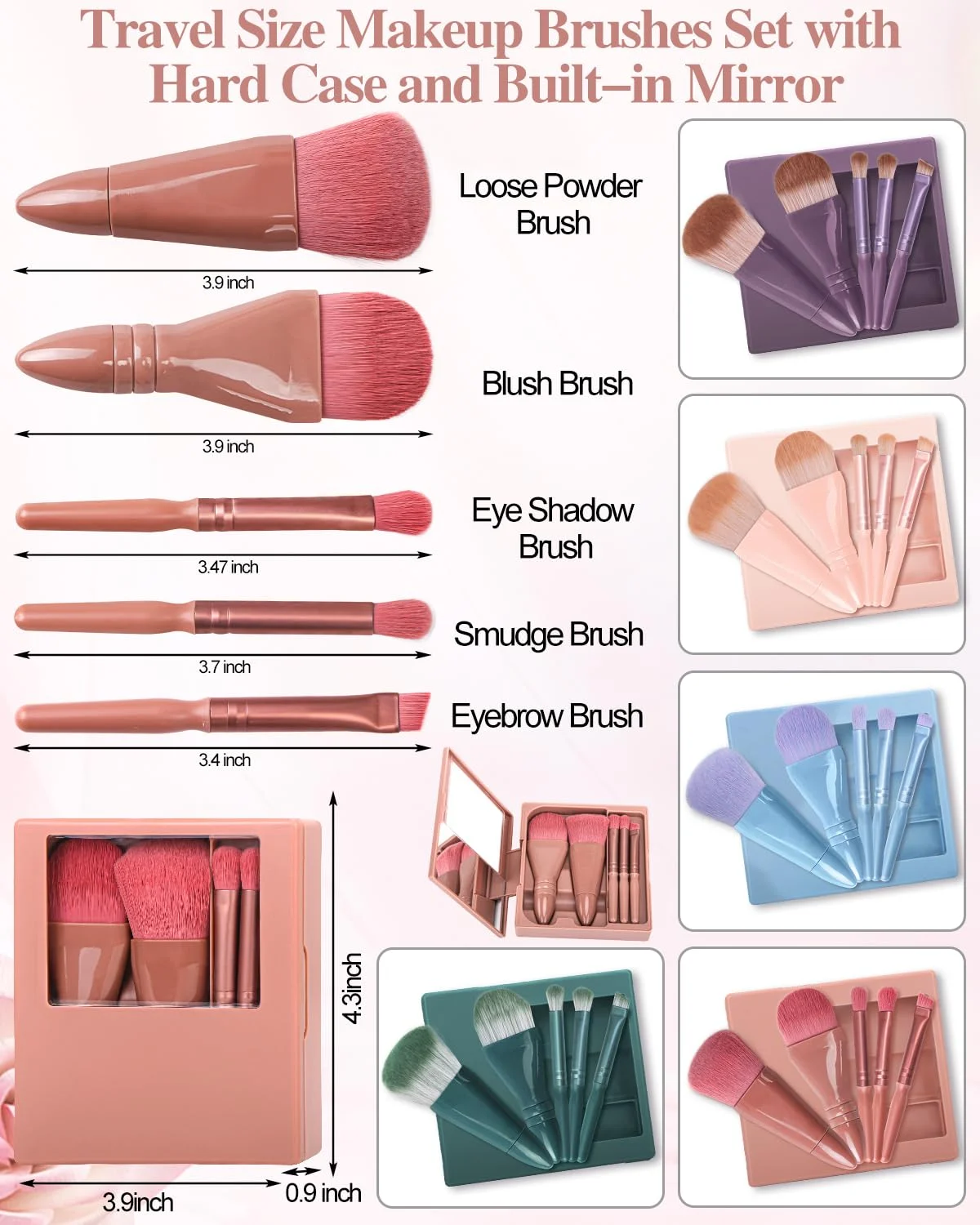 5pcs Mini Complete Function Cosmetic Brushes with Mirror Shell Portable Travel Makeup Brush  With mirror Set