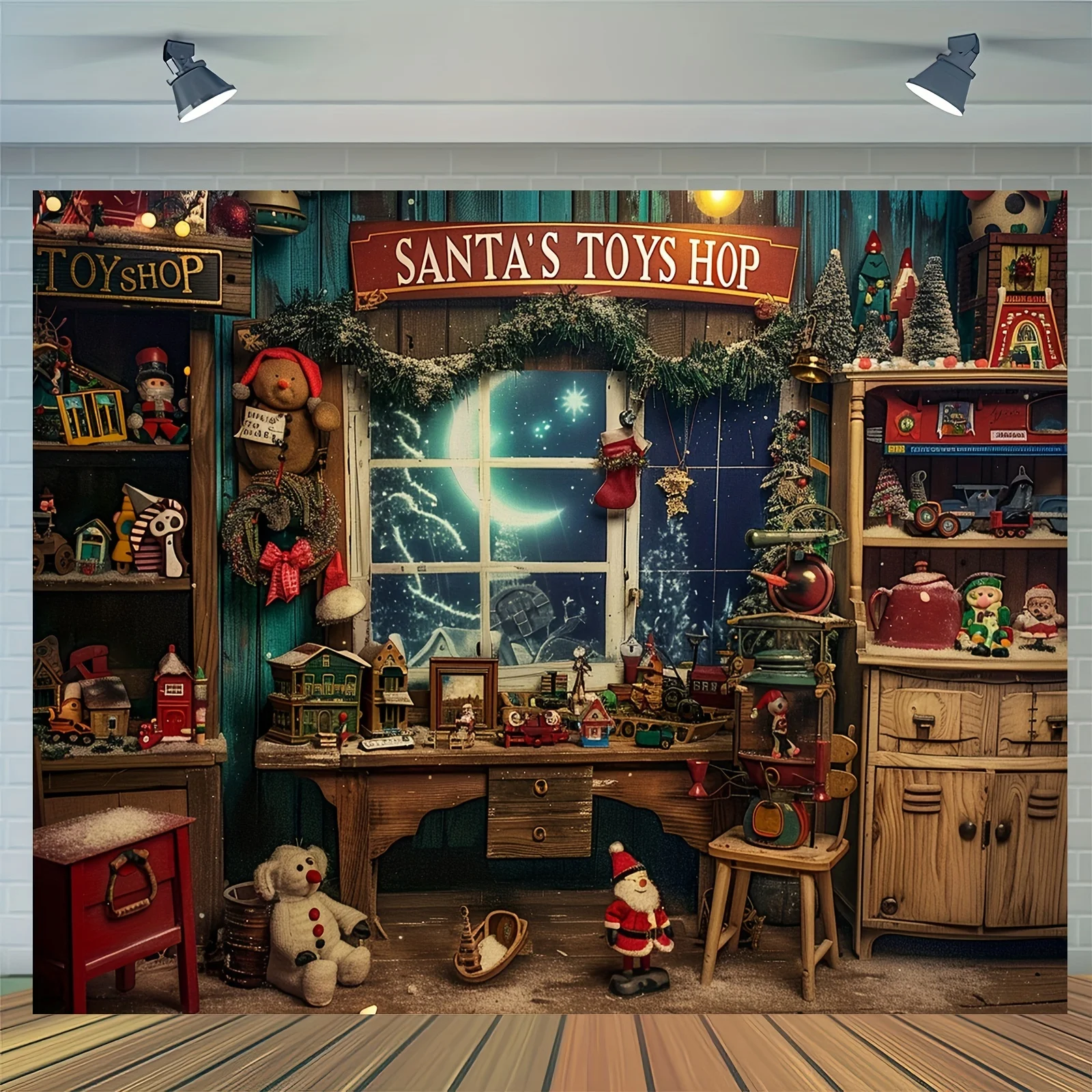 Santa Claus Toy Store Christmas Background Cloth - Snow and Moon Patterns, Suitable for Family Portraits and Party Decoration