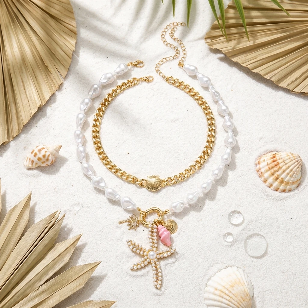 Schicke Mehrschichtige Imitationsperlen-Halskette mit Großem Seestern- und Muschelanhänger für Damen, Punk-Metall-Muschel-Dickketten-Halskette, Reise- und Strand-Schmuck – Detail 4
