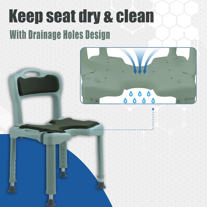 كرسي استحمام مريح لكبار السن والمعاقين، مقعد دش مع ظهر مبطن ومسند للذراعين، ارتفاع 5 مستويات قابل للتعديل