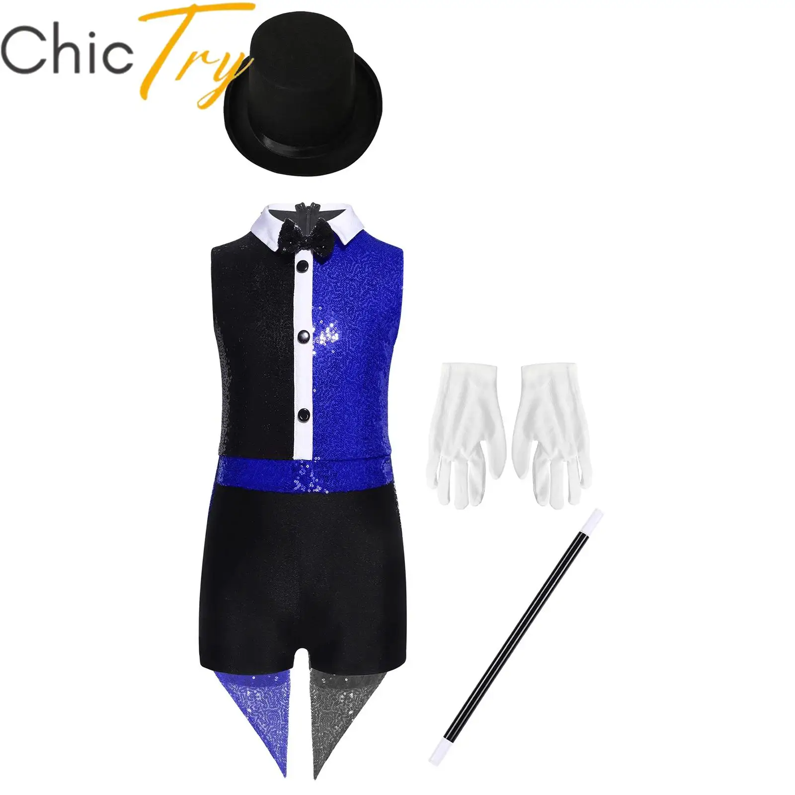 

Kids Girls Circus Ringmaster Costume Magician Lion Tamer Cosplay Leotard with Bow Tie Hat Magic Wand Gloves Carnival Dress Up