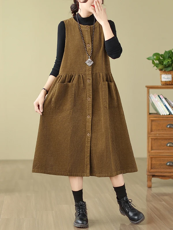 Retro Velvet Vest Dress Women's Autumn Winter Elegant Ageless Vest Skirt Fashion Casual round Neck Sleeveless A-Line Skirt