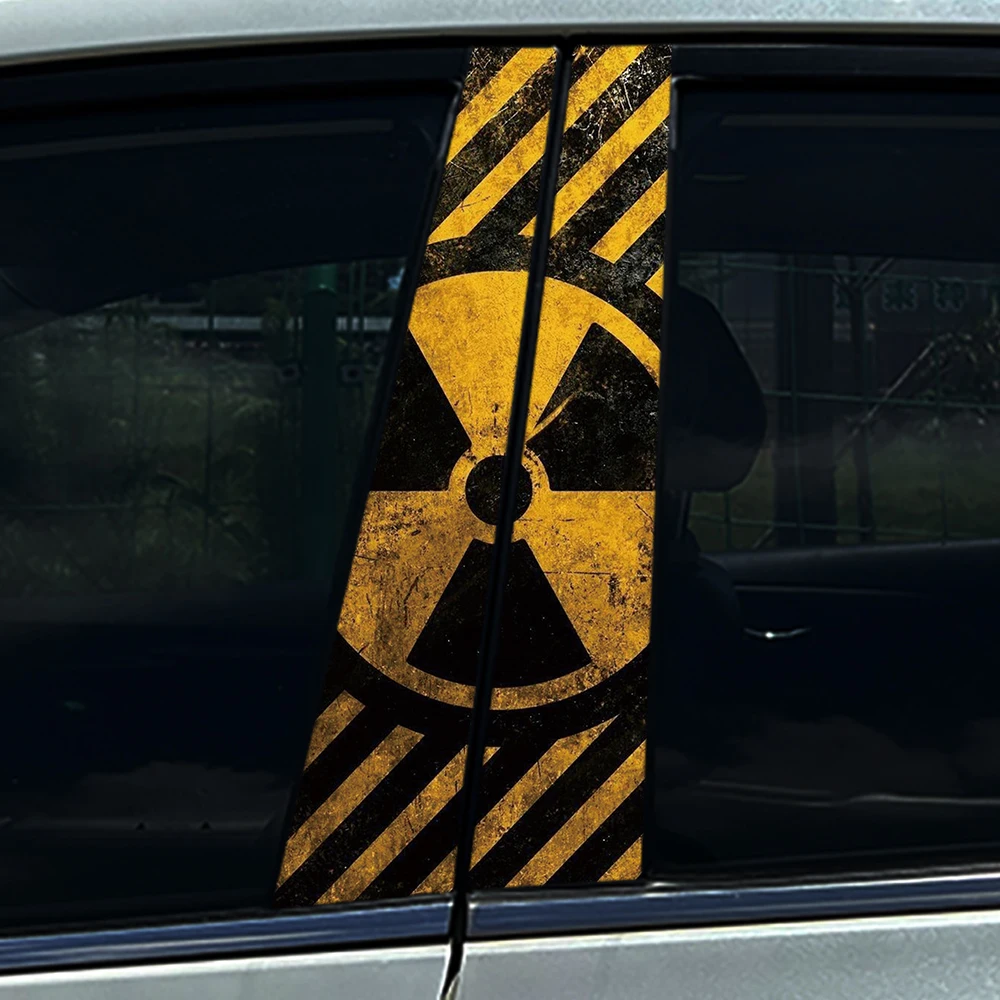 4Pcs/Set Nuclear Warning Sign Radioactive Hazard Warning Yellow-black Warning Stripes Car Center B Pillar Protective Film
