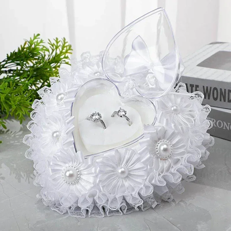 1PC Camellia Heart Shaped Bridal Ring Pillow Wedding Ribbon Bow Love Ring Box Valentine's Day Confession Ring Box