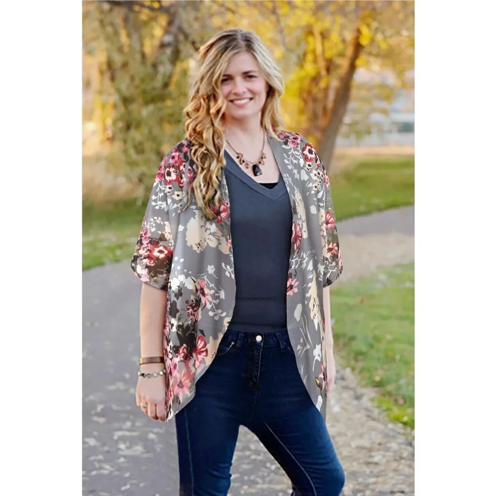 Women's Floral Print Puff Sleeve Kimono Cardigan Loose Cover Up Casual Blouse Tops
