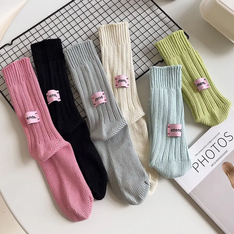 

Korean thick thread knitted mid-calf socks, Japanese simple pink label women's stacked socks