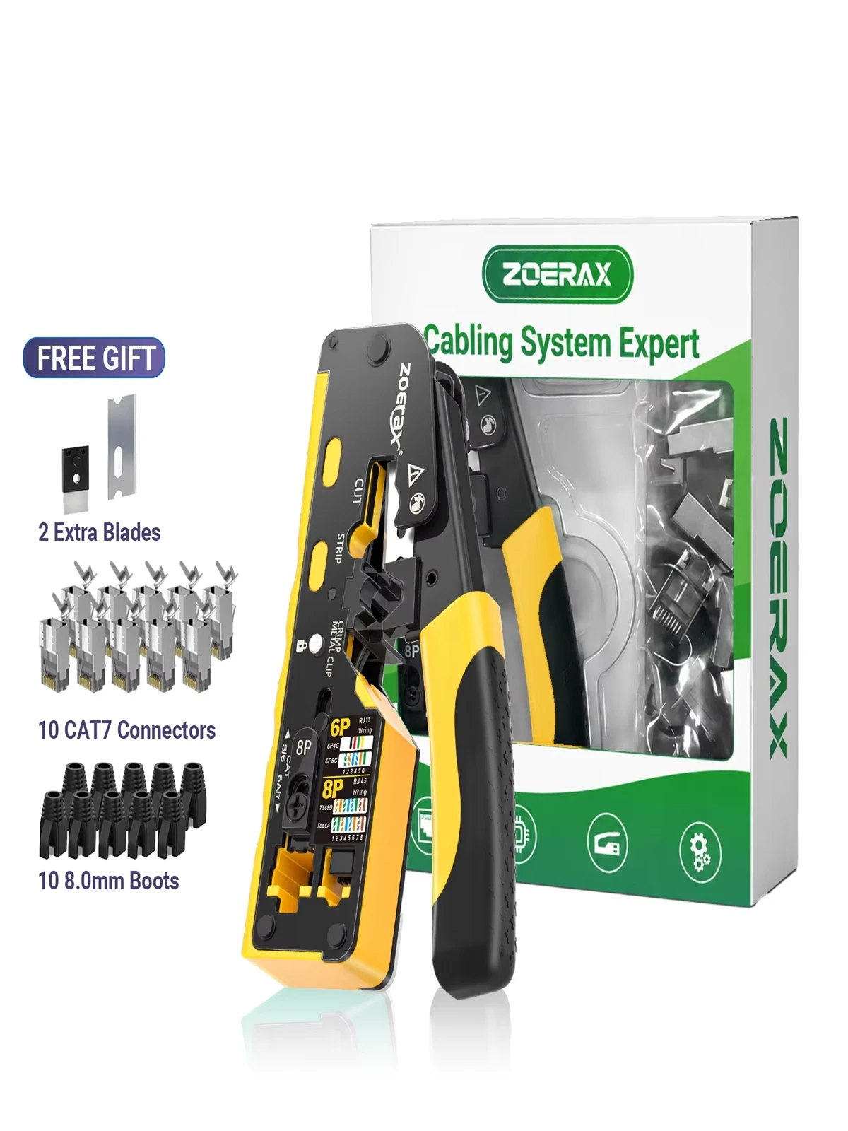 ZoeRax RJ45 CAT7 CAT6 Crimpwerkzeug-Set, RJ45-Crimper, Abisolier- und Schneidewerkzeug für Cat7, Cat6a, Cat6, Cat5e RJ45-Stecker, inklusive 10 Stück Cat7-Stecker und 10 Stück Schutzhüllen.
