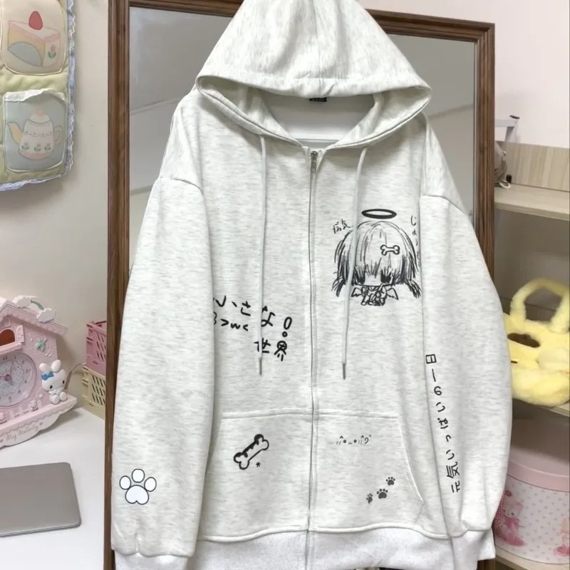 

Kawaii Sweet Long Sleeve Oversize Tops Hooded Cartoon Anime Print Sudadera Mujer Y2k Sweatshirts Women Zipper Preppy Style
