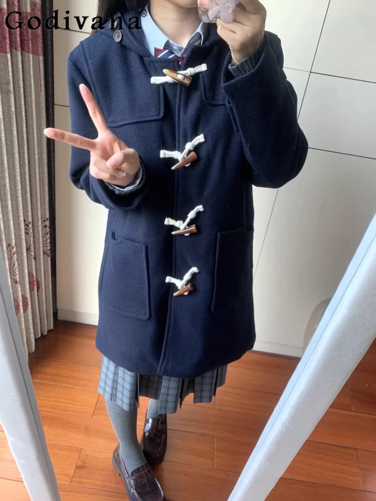 

Autumn New Jk College Chic Horn Buckle Age-reducing Hooded Coat Women Sweet Japanese Thickened Medium Long Woolen Jacket