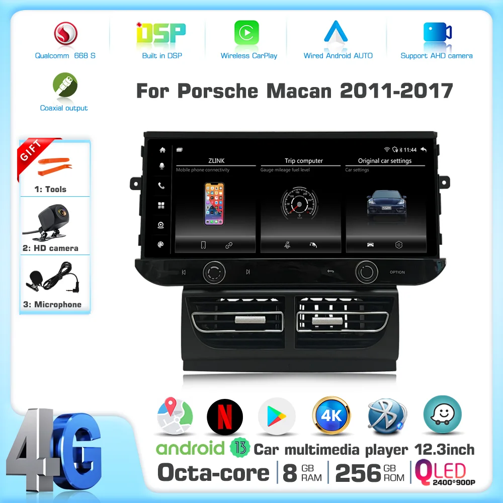 Android 13 For Porsche Macan 2013-2018 Car Multimedia Player CarPlay GPS Radio 5G Navigation 12.3 inch 256G Resolution: 2000*900