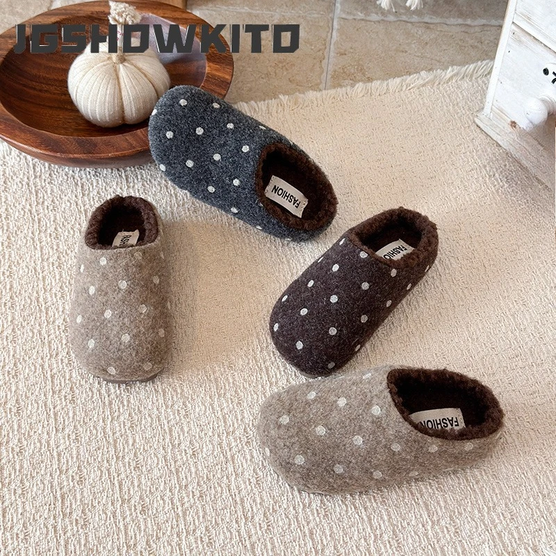 JGSHOWKITO Children's Slippers for Home Retro Polka Dot Little Girls Winter Shoes Fashion Causal Warm Kids Flurry Plush Slippers