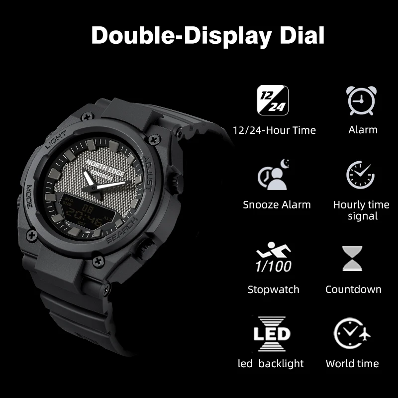 NORTH EDGE FORTRESS Men Military Digital Dual-display Watch Outdoor Waterproof 50 Meters World Time Countdown Watches for Man