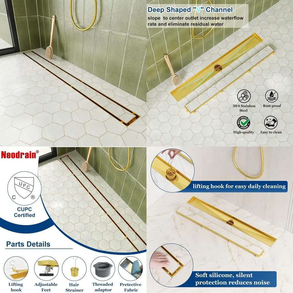 30-Inch Linear Shower Drain with Tile Insert, 304 Stainless Steel, Leveling Feet, Hair Strainer, CUPC Certified