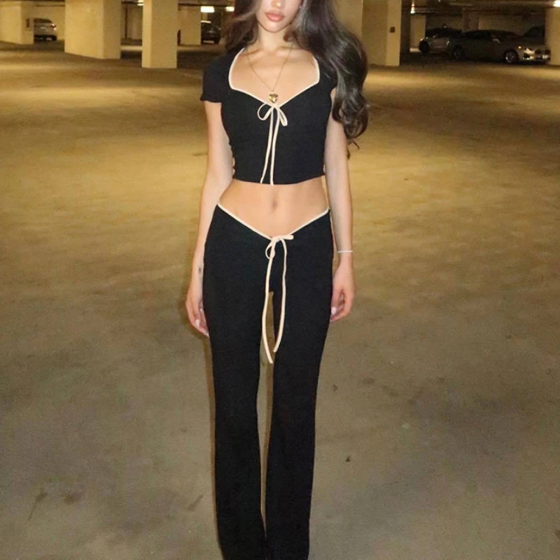 

Personality Street Fashion Bow Tie Temperament Square Neck T-shirt Women's High Waist Joker Fashion Pants Suit