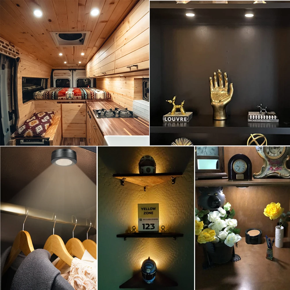 3/6Pcs Black Round LED Under Cabinet Closet Light Furniture Dimmable Wardrobe Lamp CCT WWCW 3000K 4000K 6500K Remote Control