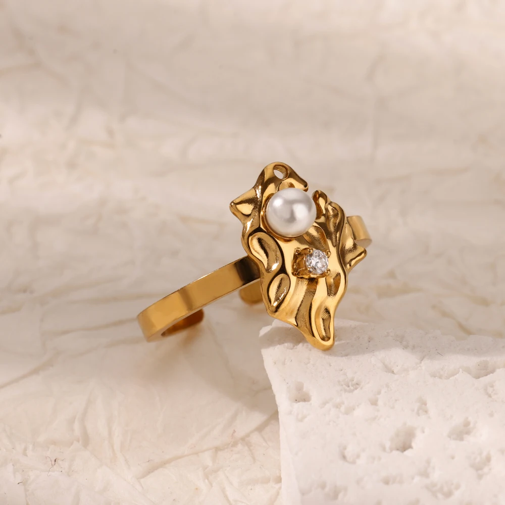 Zircon Pearl Irregular Rings For Women Gold Color Stainless Steel Opening Geometric Ring Party Christmas Wedding Jewelry Gift
