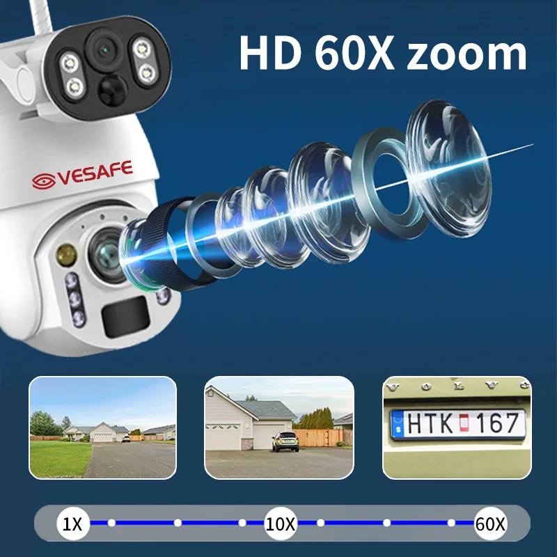 

VESAFE Outdoor Dual Lens 4g Sim Card Camera PTZ 6MP 60X ZOOM Solar Panel 12w 2 Pir Cctv Network Security Cameras