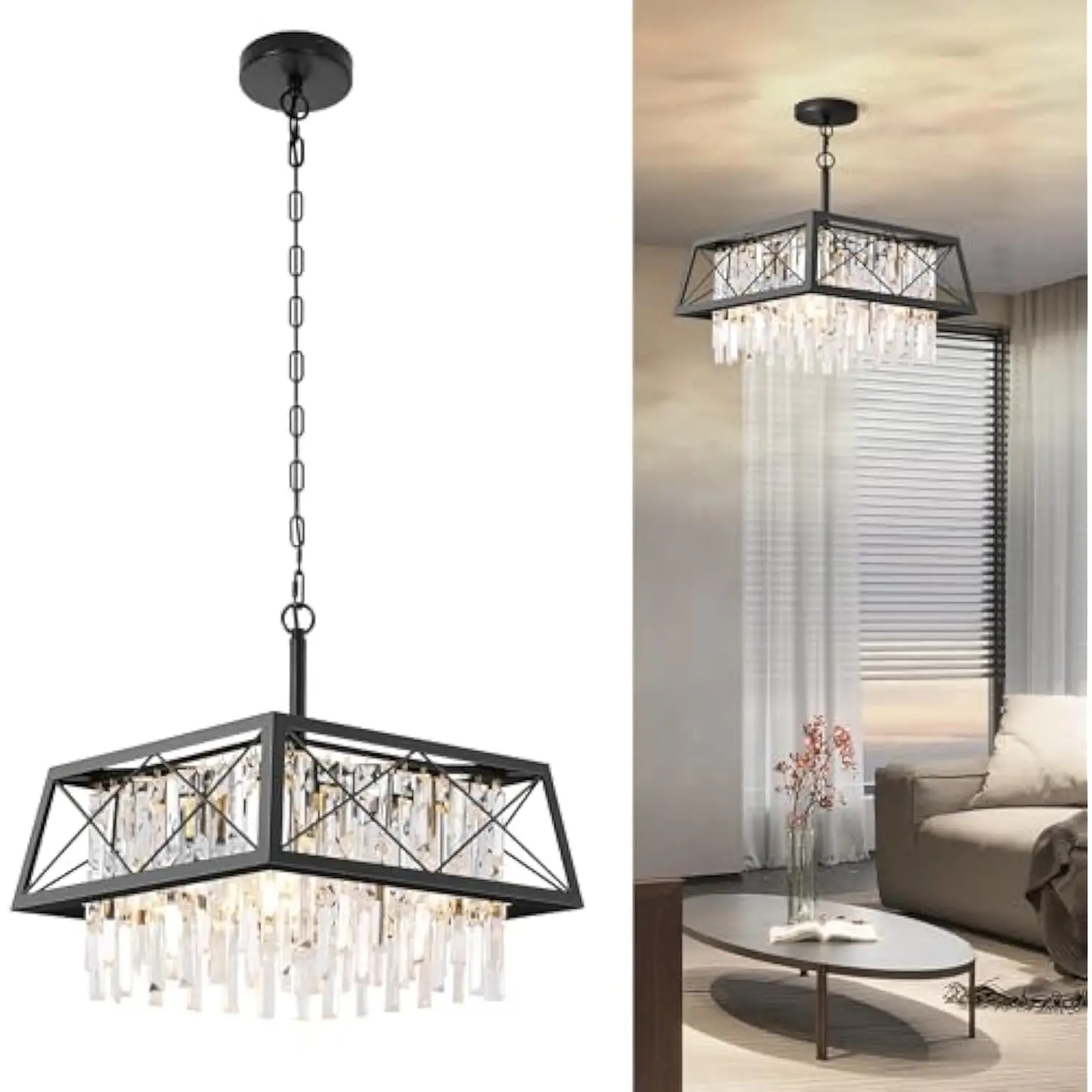 

Black Chandeliers for Dining Room, Crystal Chandler Lighting Over Table,Modern Pendant Light Fixture for Entryway Kitchen Isla