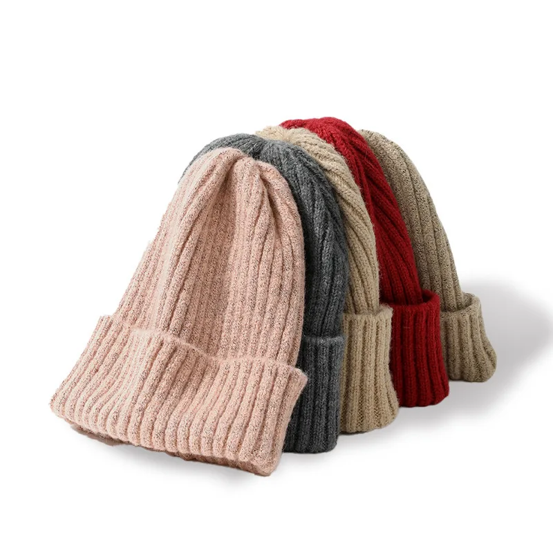 Women Vertical Rib Knitted Beanie Hat Solid Color Cuffed Winter Skullcap Soft Warm Stretchy Knit Hat Daily Cold Weather Ski Hats