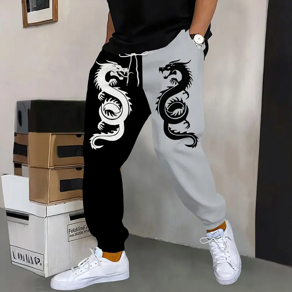 2026 New Fashion Dragon Print Matching Color Sweatpants Winter Thick Warm Pants Men Loose Casual Pocket Drawstring Sweatpants