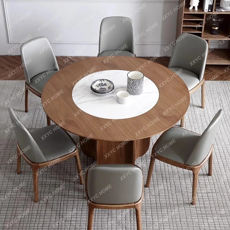 L solid wood rock slab round dining table and chair combination simple modern dining table household built-in turntable lar