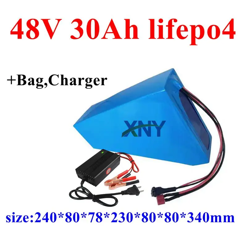 

48V 30AH Lifepo4 Triangle battery long cycle life for 3000w Electric Scooter bike Two Wheel tricycle + charger+ Bag 2 sold