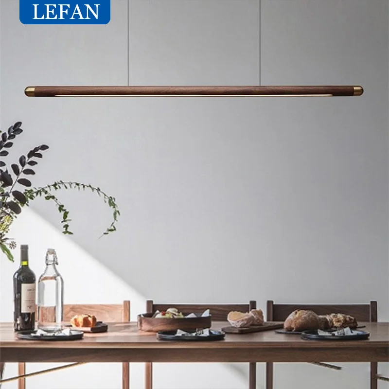 Walnut Wood Dining Chandelier - Simple Strip Hanging Lamp for Kitchen, Home Decor & Indoor Lighting