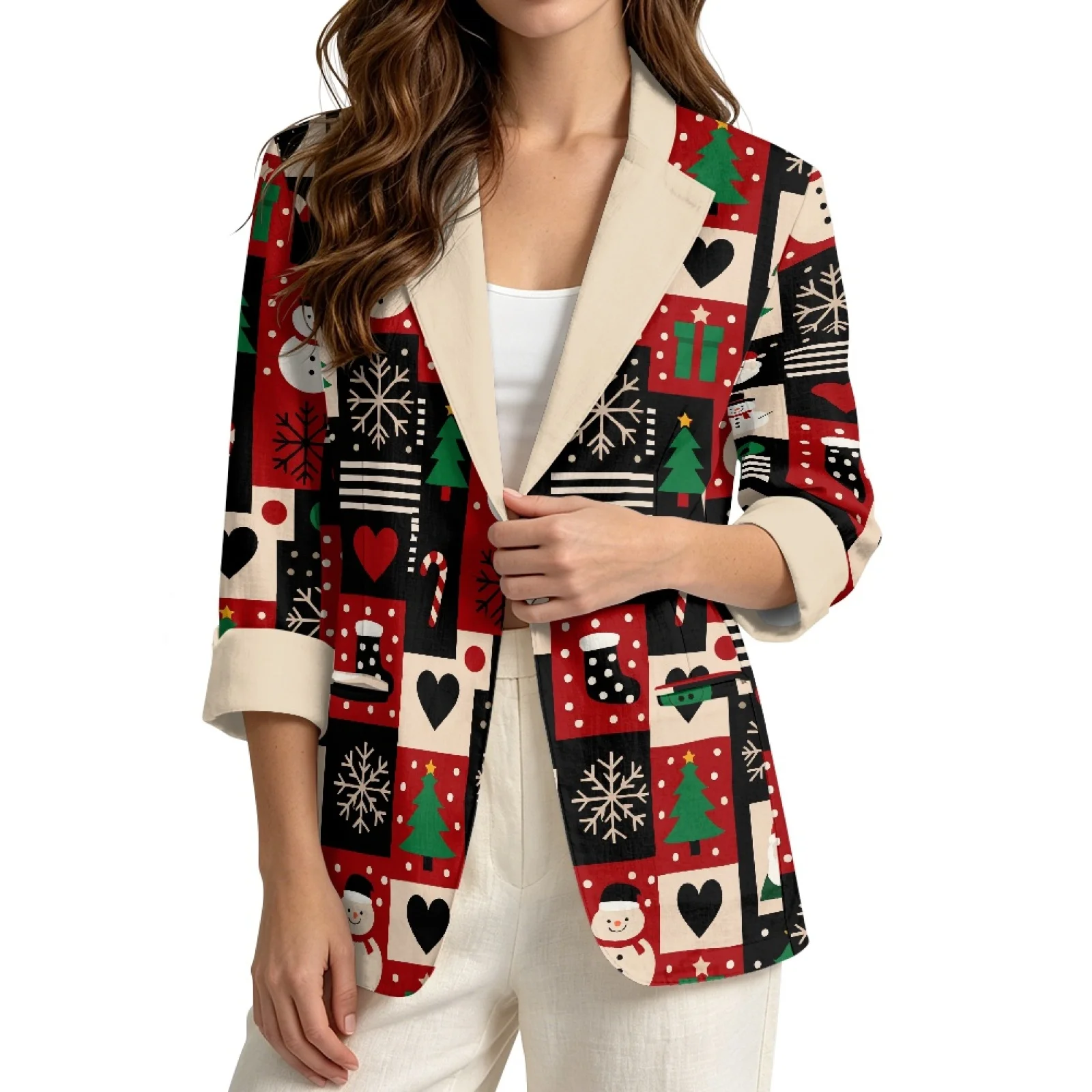 PENSTROLL Christmas Holiday Print Linen Like Cardigan Cover Up Jacket for Vacation Loose Fit Daily Shrug Dressy Tops