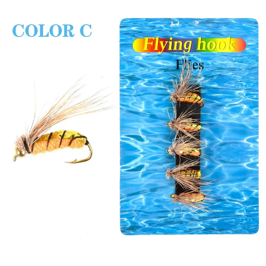 

ZWICKE 5 Pcs Trout Fishing Fly Lure Bait Brass Bead Head Fast Sinking Fishing Lure Nymphs Scud Bug Worm Flies with Barbed Hook