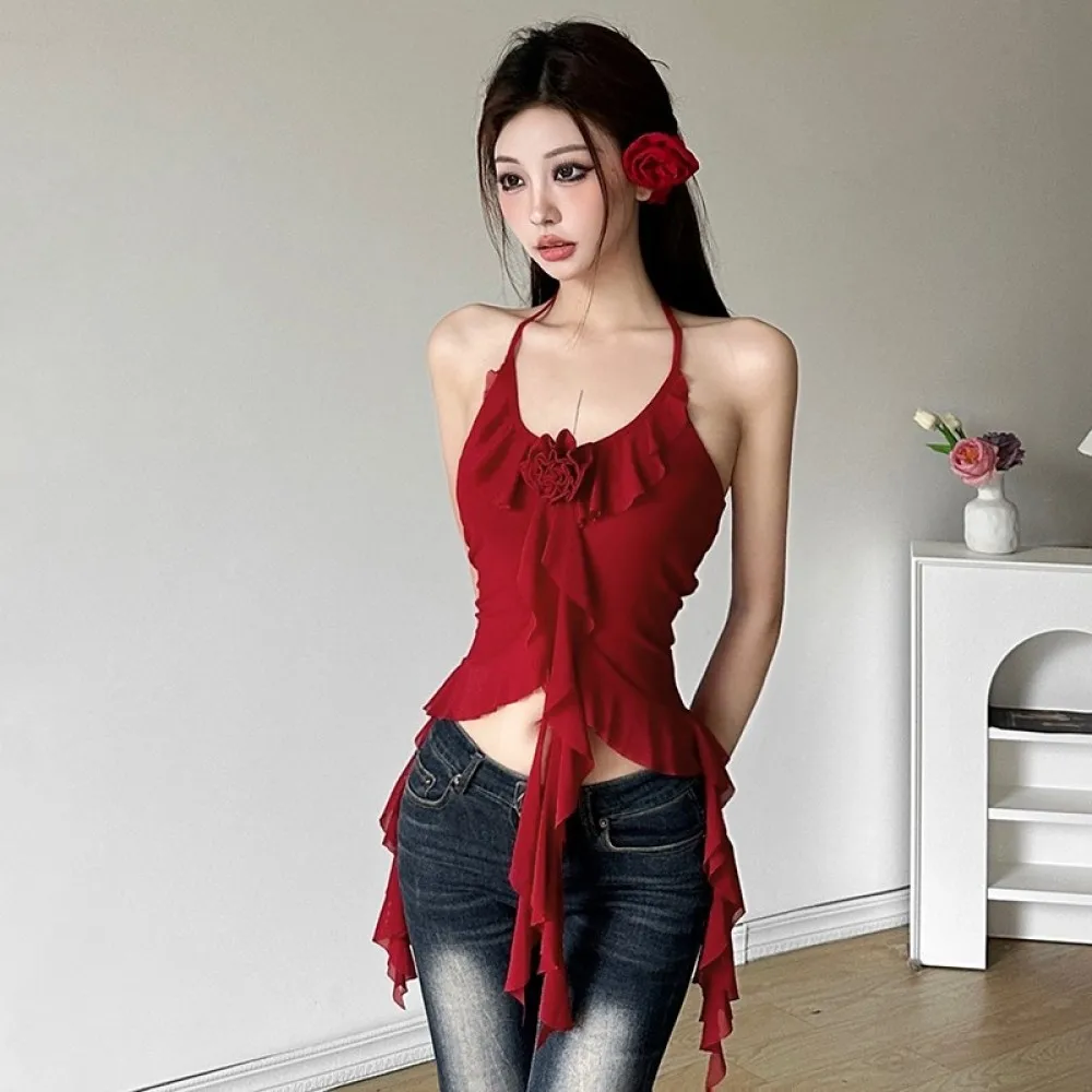 

SylCue роза аппликация камзол женский Холтер с открытыми плечами с открытой спиной и рюшами с оборками и кисточками модные универсальные стильные элегантные топы на бретелях