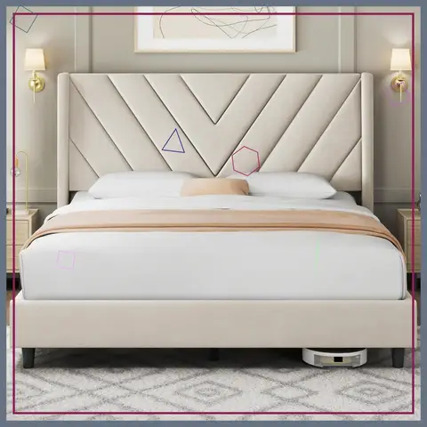 Upholstered Queen Bed Frame with Tufted Headboard, Wooden Slat Support, No Box Spring Needed, Beige Velvet Finish