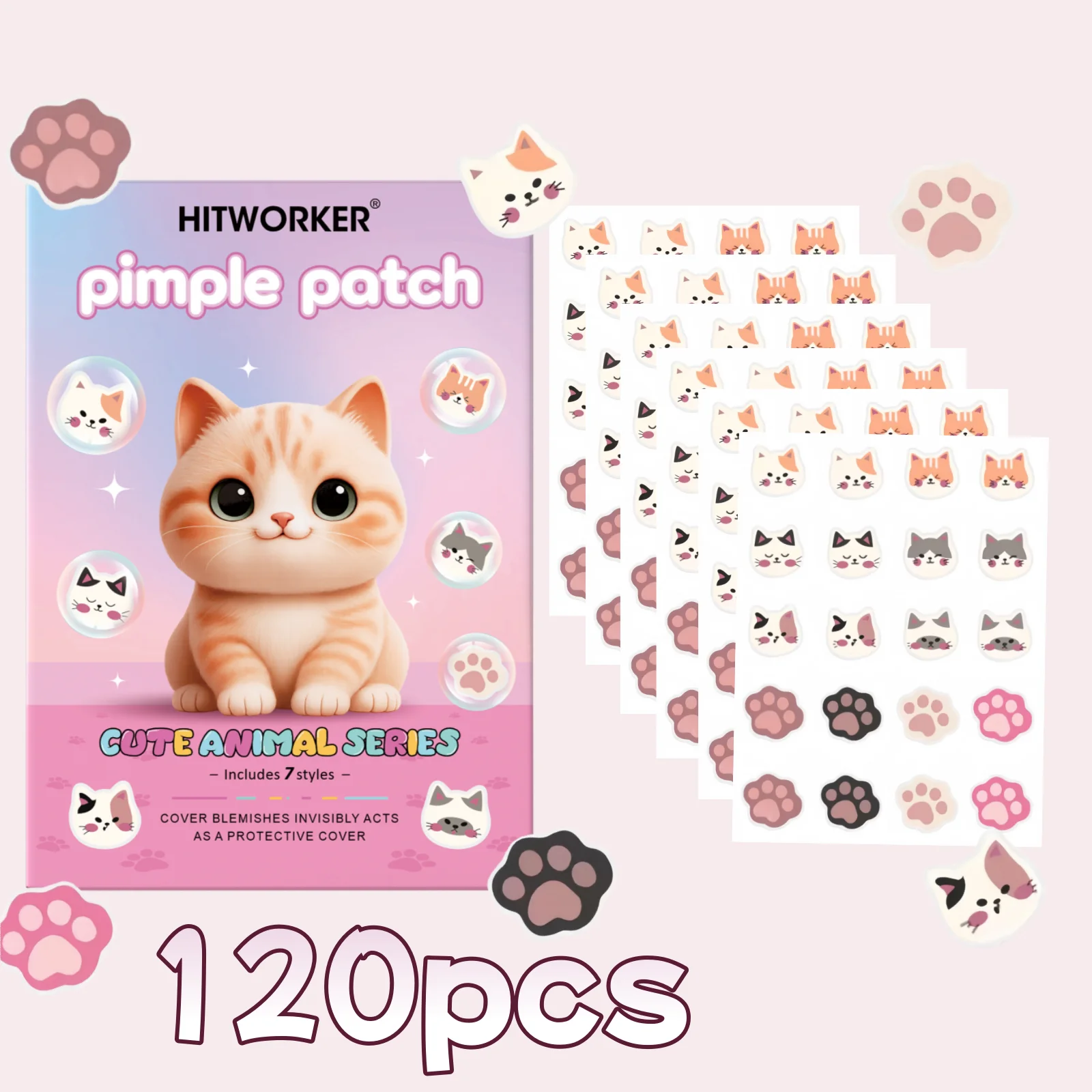 

HITWORKER нашивки от прыщей с милыми кошками — 120 шт., забавный дизайн с очаровательными иллюстрациями кошек, идеально подходят для подарков на Хэллоуин и Рождество