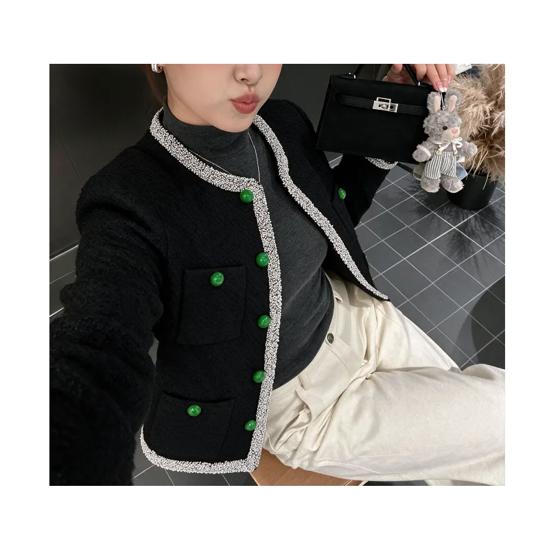 High Quality Luxury Black Small Fragrant Tweed Jacket Women Round Neck Green Button French Lady Vintage Wine Jacket