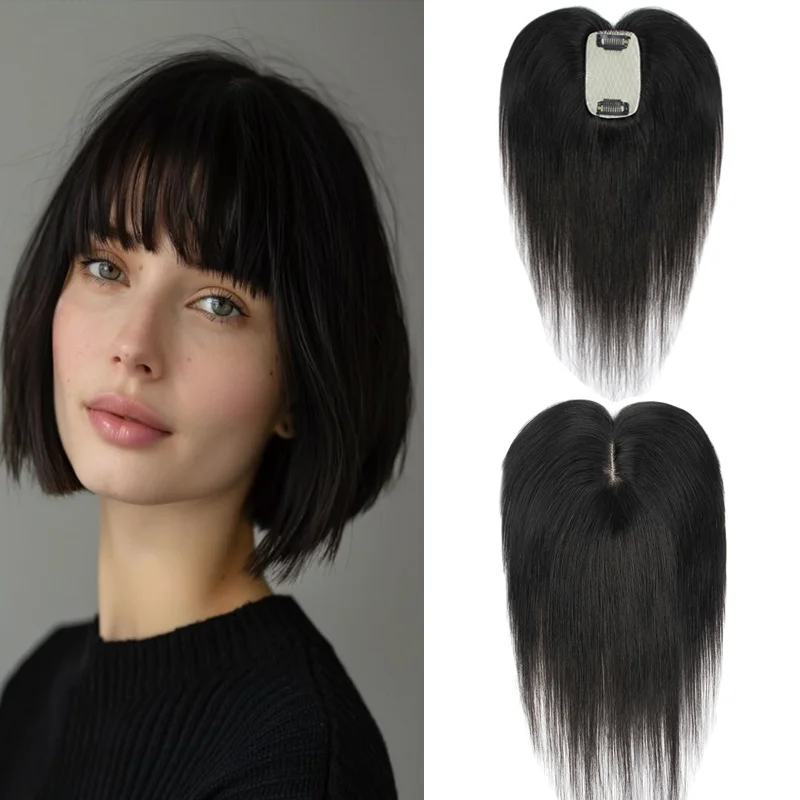 

Накладка для волос из натуральных человеческих волос 5x9 см, цельная, высококачественная, с невидимым кружевом, на 2 заколках, для маскировки седины и тонких волос, для ежедневного использования