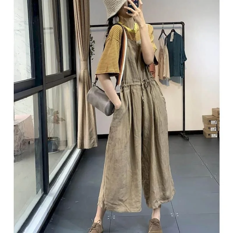 Linen Jumpsuits for Women Loose Waist Drawstring Playsuits Safari Style One Piece Outfit Women Casual Cropped Wide Leg Pants