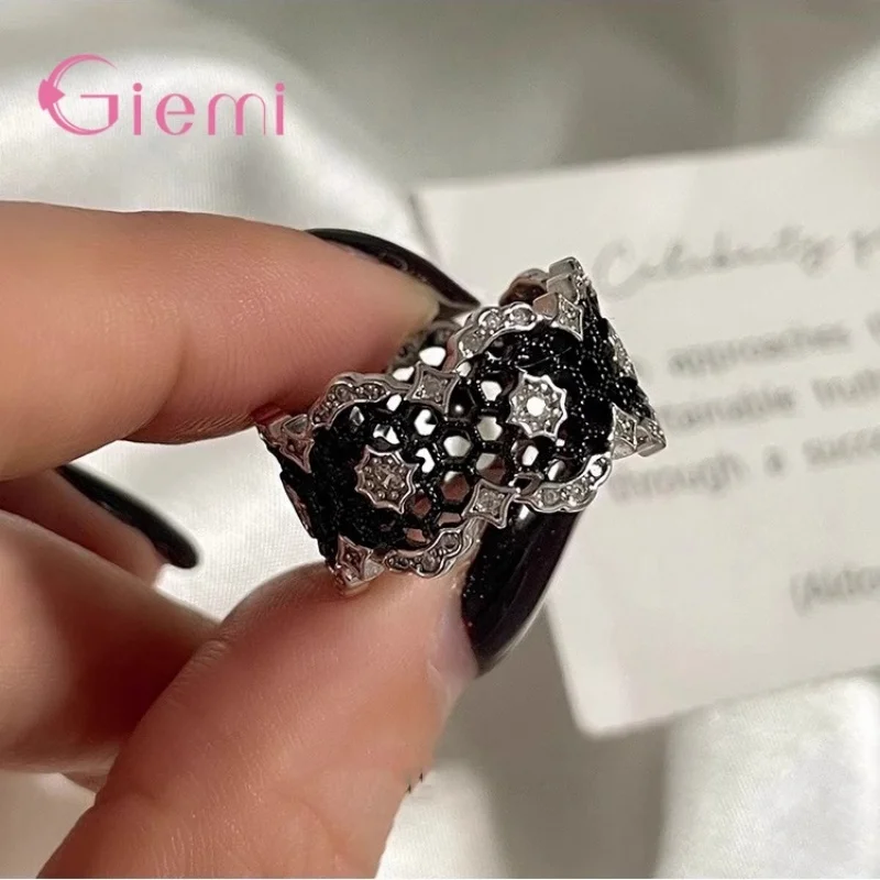 925 Sterling Silver  Ring Wide Statement Punk Band for Woman Black Hollow Lace Zircon Temperament Hip Hop Party Jewelry