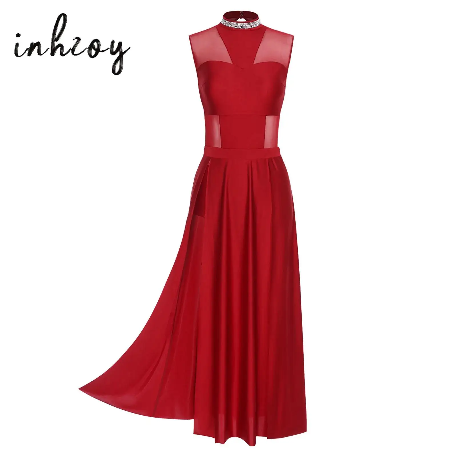 

Women Lyrical Modern Dance Outfit Glittering Collar Mesh Backless Patchwork Latin Dance Leotard Bodysuit And Slit Hem Maxi Skirt