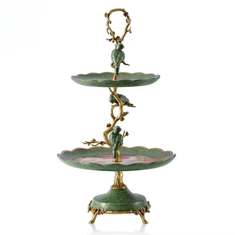 European luxury handmade white porcelain with bronze 2 tier cake stand plate fruit plate for home decoration accessories